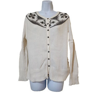 Eddie Bauer Womens Cardigan Sweater Size PL Ivory Gray Beaded Button Down